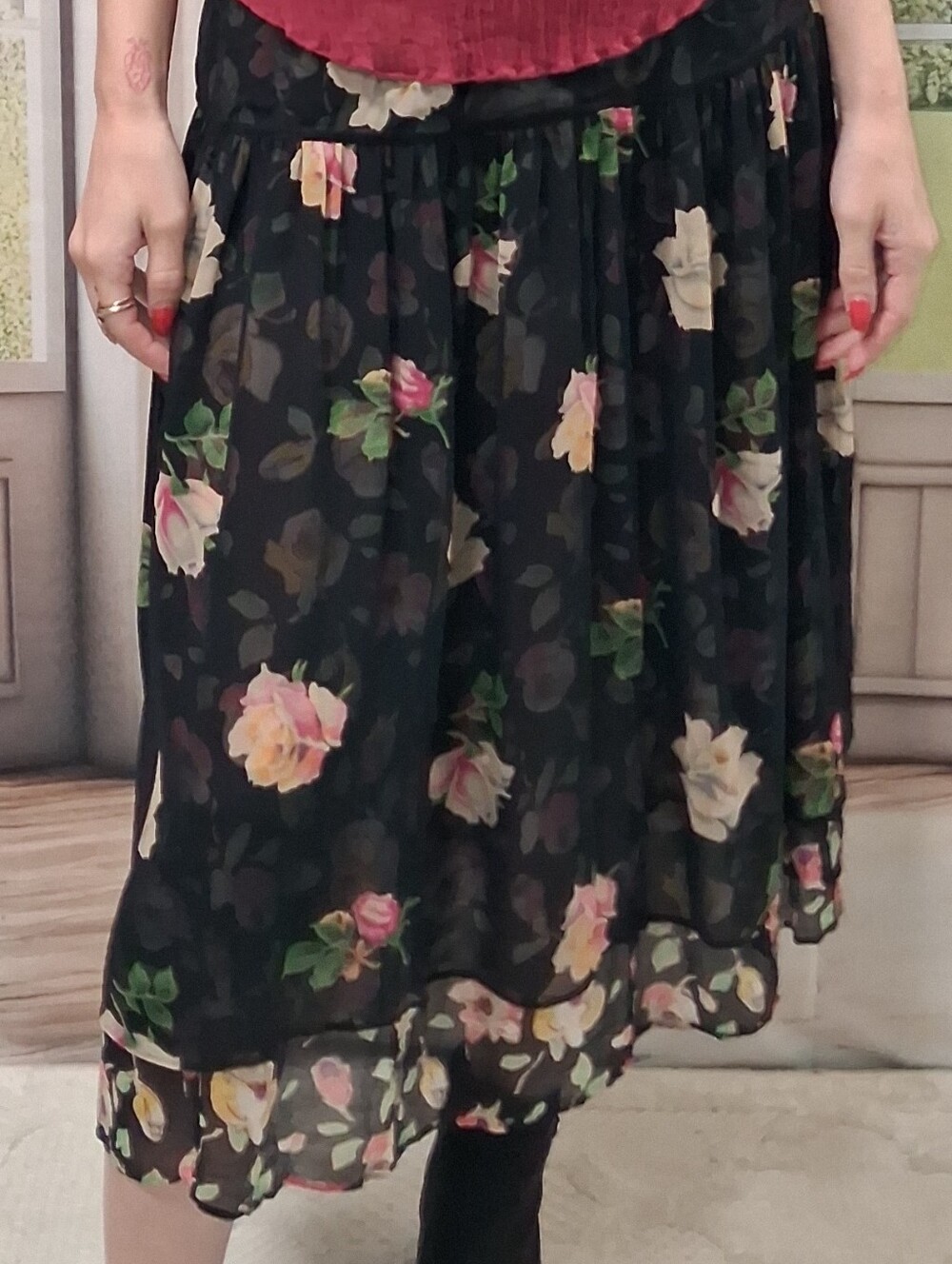 ​Y2K Johnny Was Biya 100% Silk Dark Floral Tiered Midi Skirt Whimsigoth Sz S